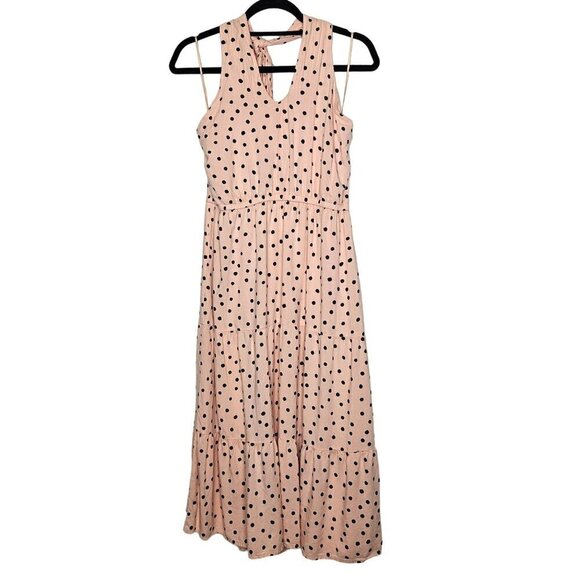 Maurices Polka Dot Halter Dress  Sleeveless Peach Black Dots smocking Women's‎ M - Picture 1 of 14